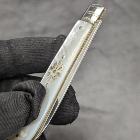 1902年 英国アンティーク 白蝶貝彫刻ハンドル 純銀ブレード 折りたたみペンナイフ